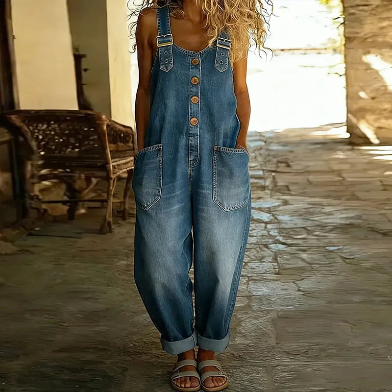 Mara - Salopette en Denim-Look Vintage en Coton Doux avec Bretelles Réglables