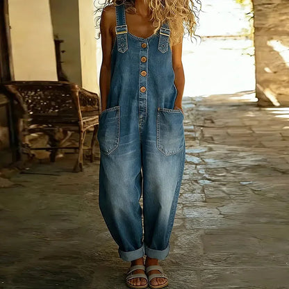 Mara - Salopette en Denim-Look Vintage en Coton Doux avec Bretelles Réglables
