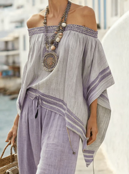 Ensemble en Lin en Deux Pièces avec Design Off-the-Shoulder