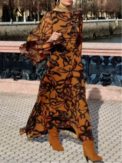 Ashley | Robe longue imprimée marron Beach Glam