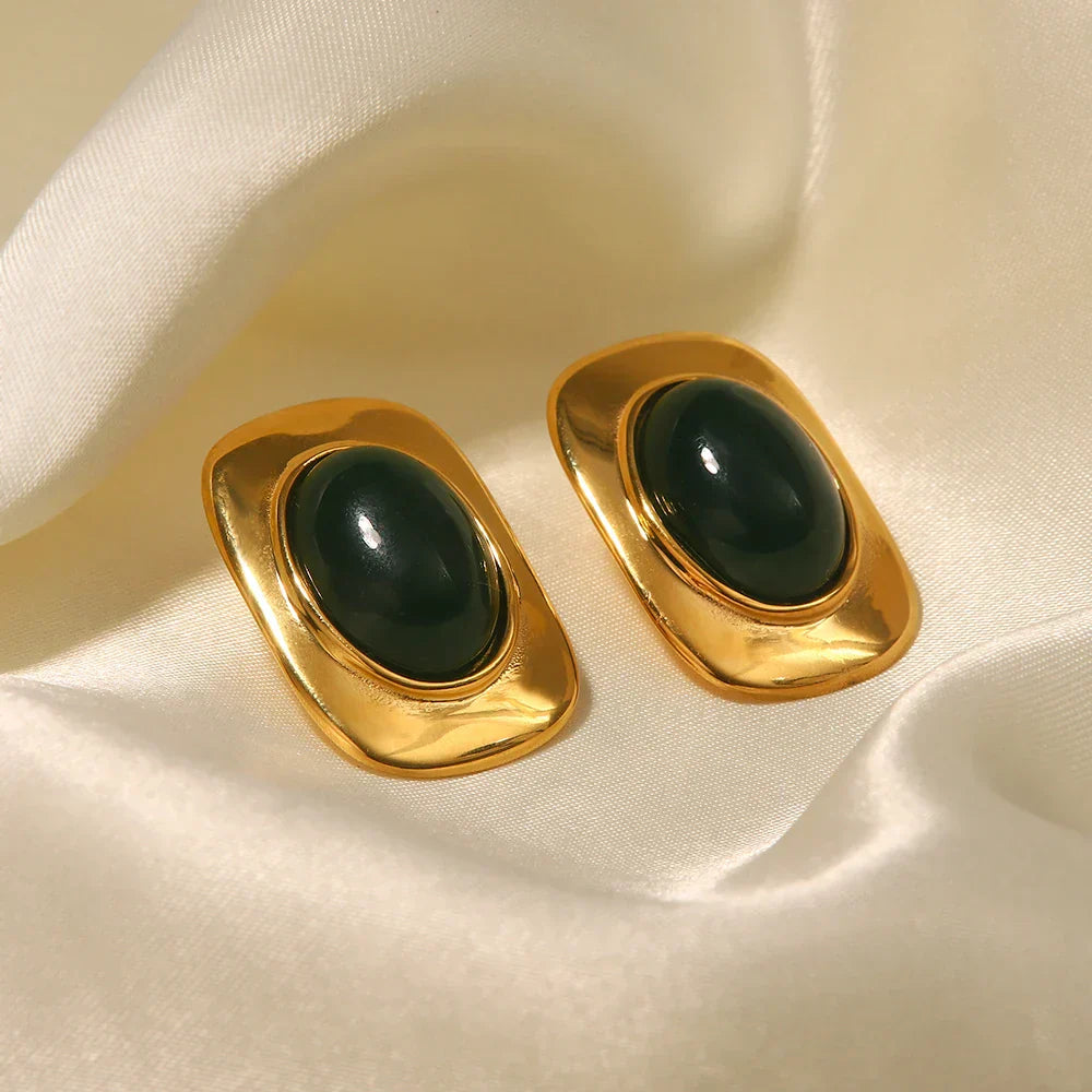 Boucles d'oreilles ovales en opale verte plaquées or 18K vintage