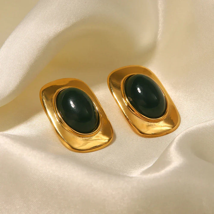 Boucles d'oreilles ovales en opale verte plaquées or 18K vintage