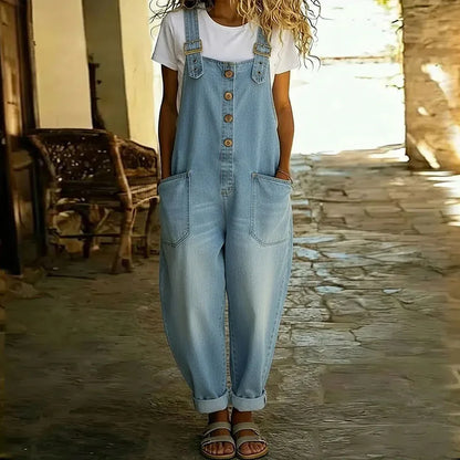 Mara - Salopette en Denim-Look Vintage en Coton Doux avec Bretelles Réglables