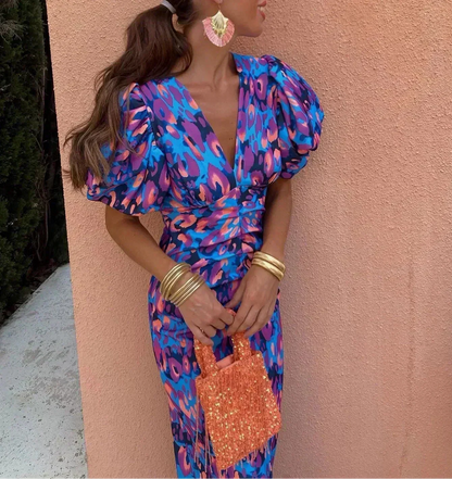 Robe Midi Élégante avec Manches Volumineuses