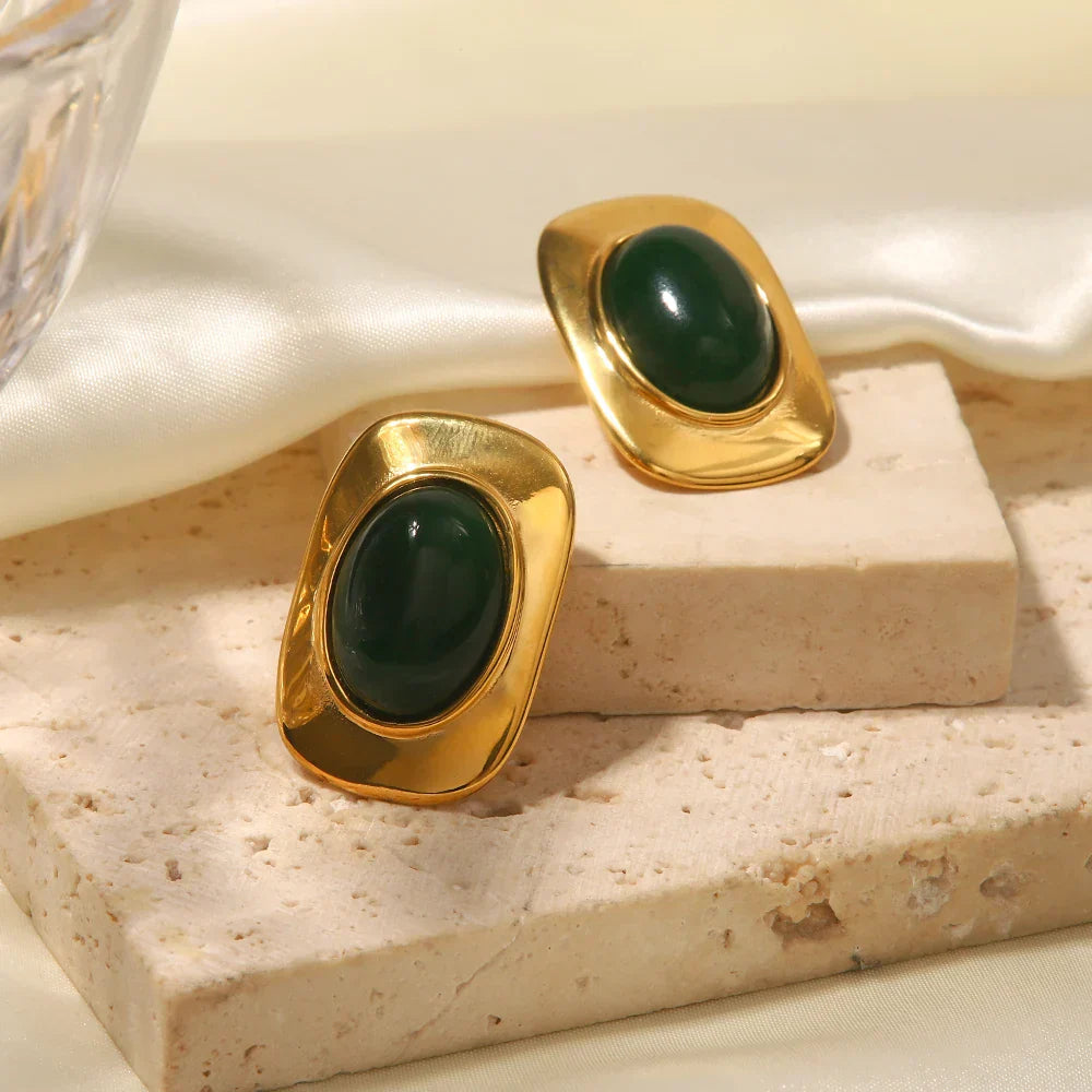 Boucles d'oreilles ovales en opale verte plaquées or 18K vintage