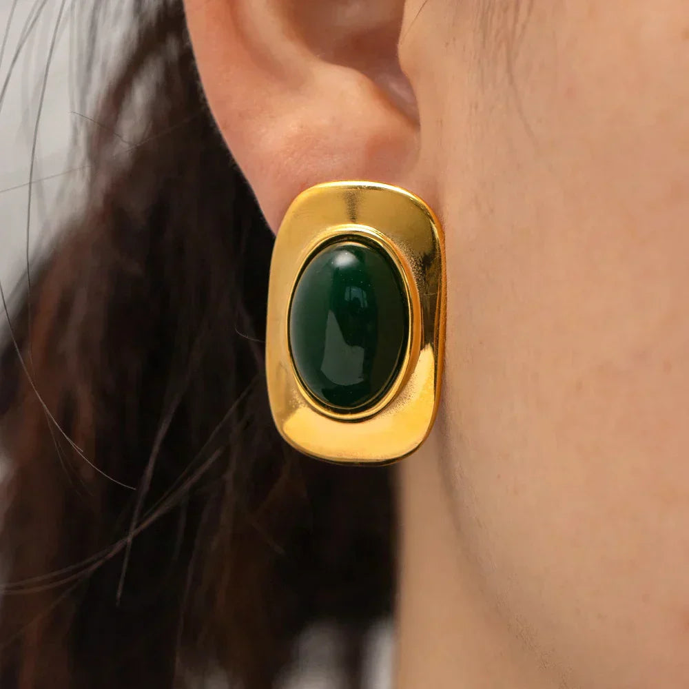 Boucles d'oreilles ovales en opale verte plaquées or 18K vintage