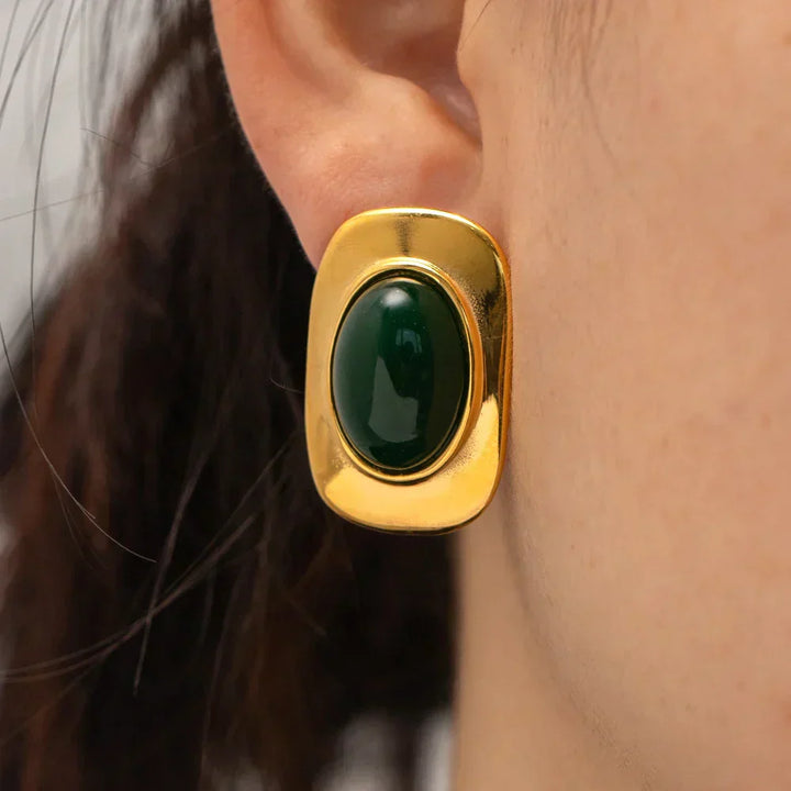 Boucles d'oreilles ovales en opale verte plaquées or 18K vintage