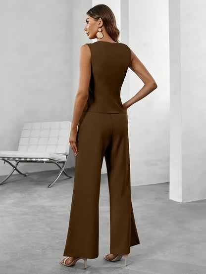 Ensemble Femme Deux Pièces avec Gilet Sans Manches et Pantalons à Jambe Large