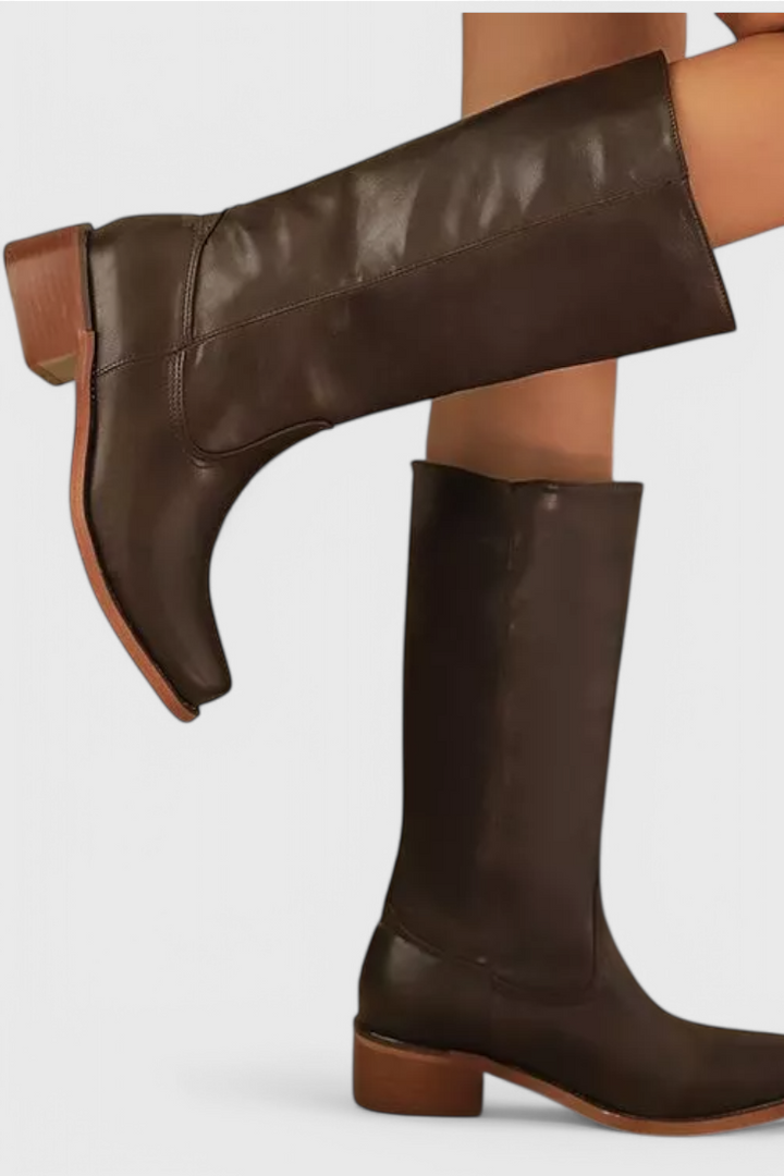 Bottes Femmes au Genou avec Talon Empilé et Bout Rond Classique