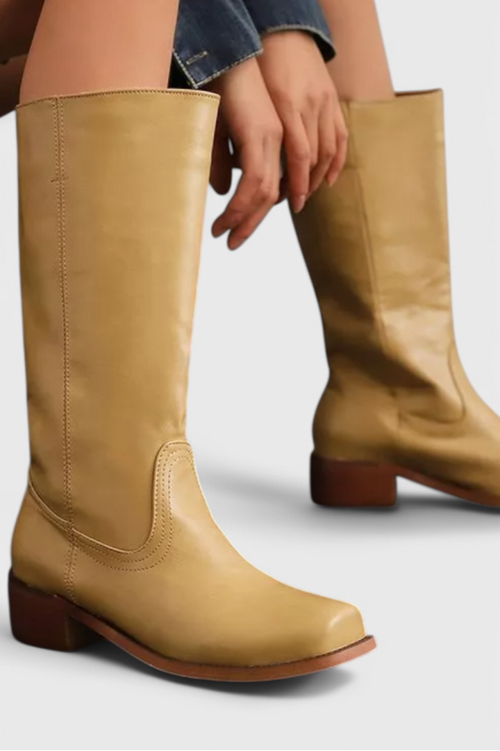Bottes Femmes au Genou avec Talon Empilé et Bout Rond Classique