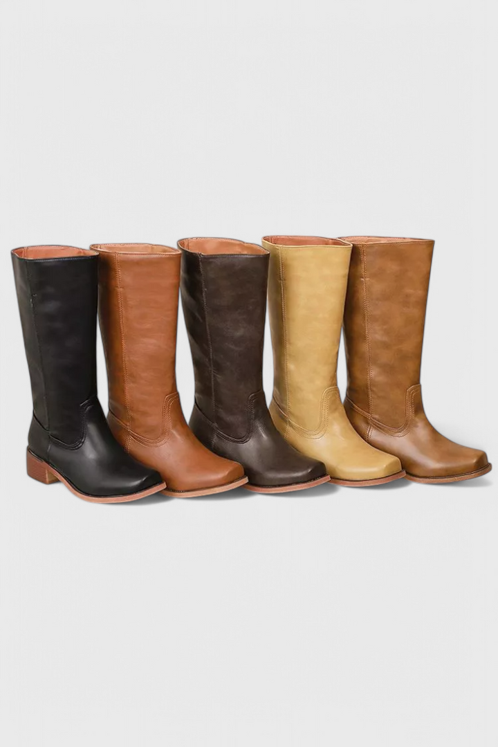 Bottes Femmes au Genou avec Talon Empilé et Bout Rond Classique