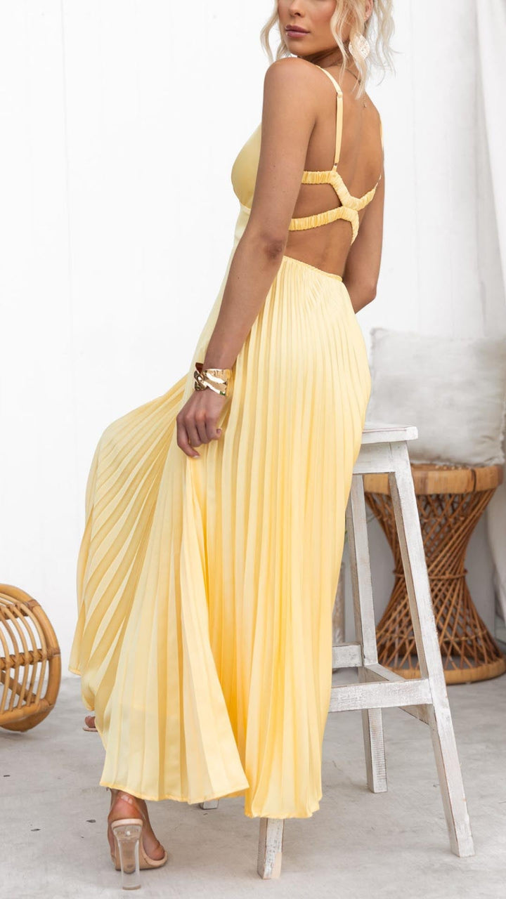 Aby™ | Robe Maxi Plissée Jaune à Décolleté en V
