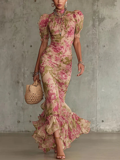 Mae | Robe Maxi à Manches Bouffantes avec Imprimé Rose Vintage