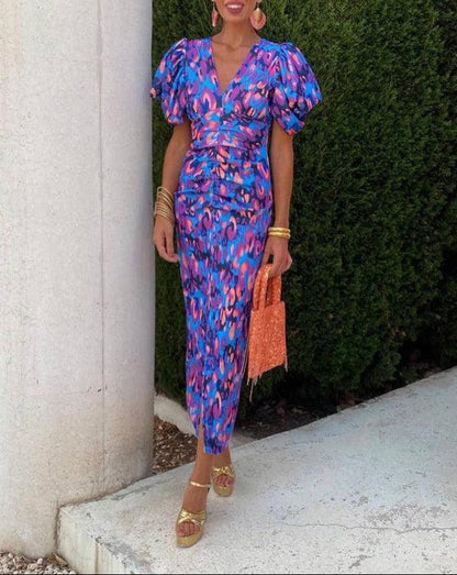 Robe Midi Élégante avec Manches Volumineuses