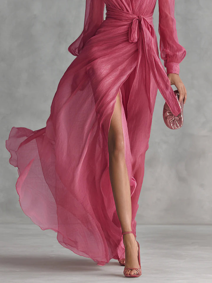 Beatrice | Robe Longue Élégante en Chiffon à Décolleté en V et Taille Liée