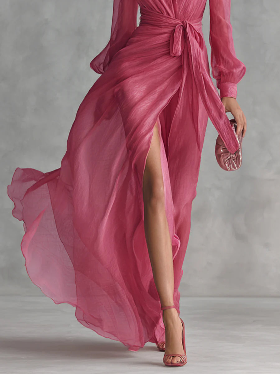 Beatrice | Robe Longue Élegante en Chiffon à Décolleté en V et Ceinture à Nouer