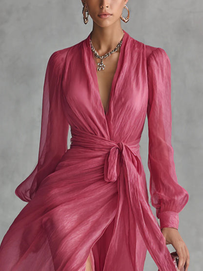 Beatrice | Robe Longue Élégante en Chiffon à Décolleté en V et Taille Liée