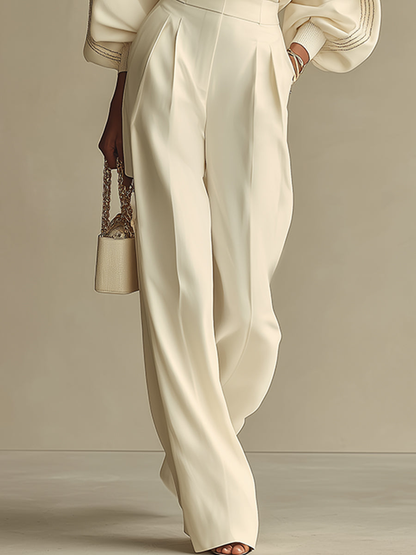 Isa | Ensemble Haut Col Roulé Ivoire et Pantalons Amples Taille Haute