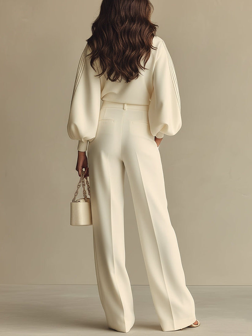 Isa | Ensemble Haut Col Roulé Ivoire et Pantalons Amples Taille Haute