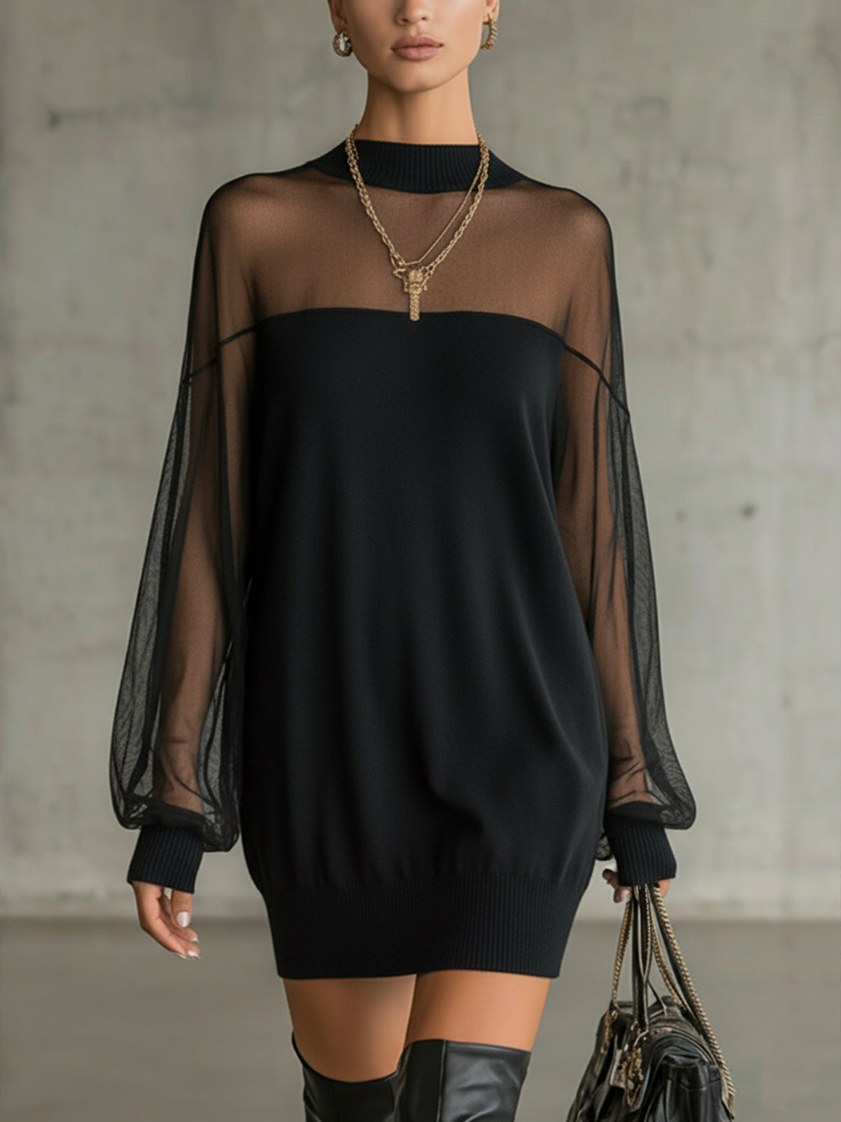 Daisy | Robe Midi à Col Montant en Maille Noire