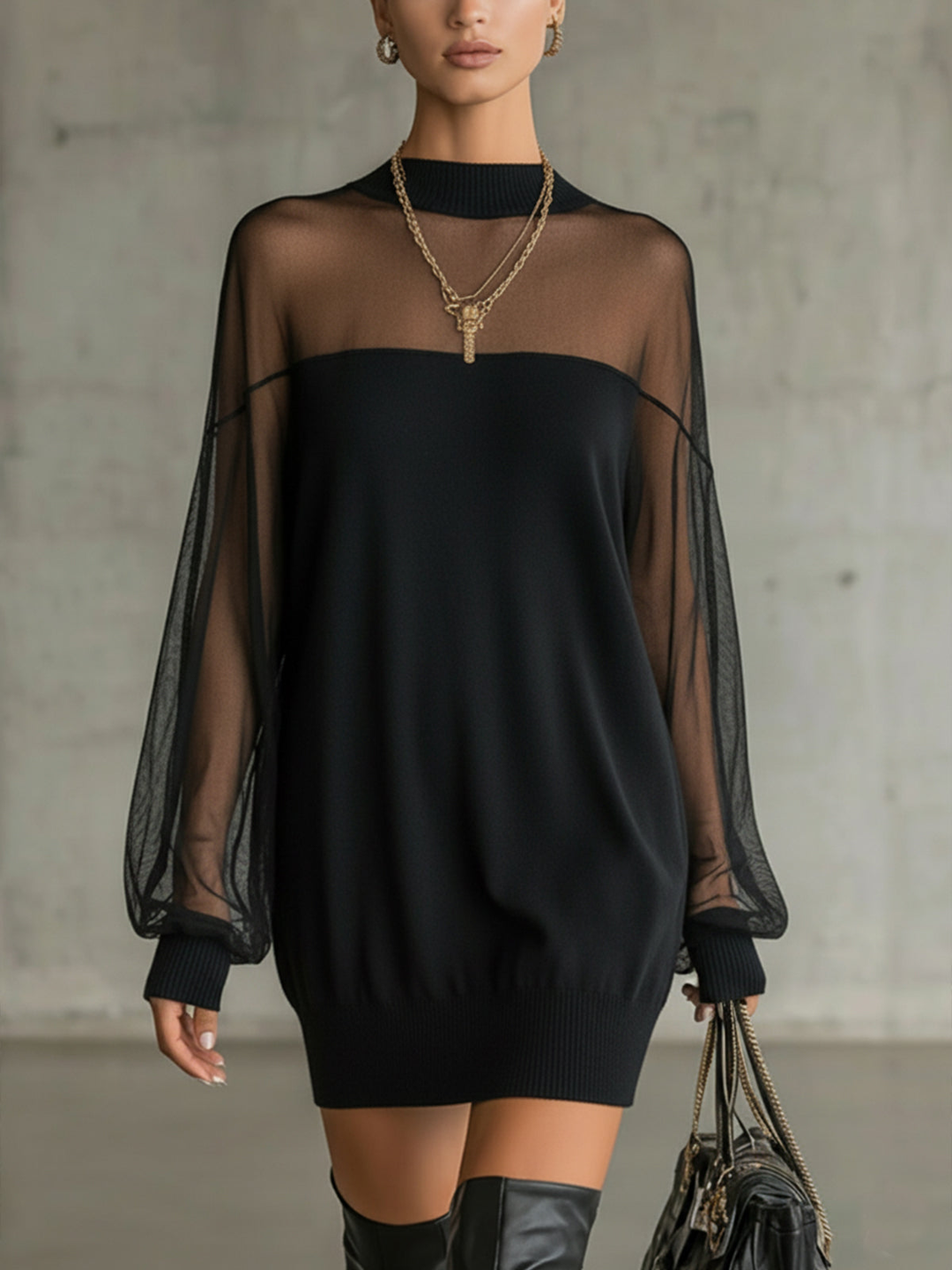 Daisy | Robe Midi Noire avec Manches en Résille et Col Montant