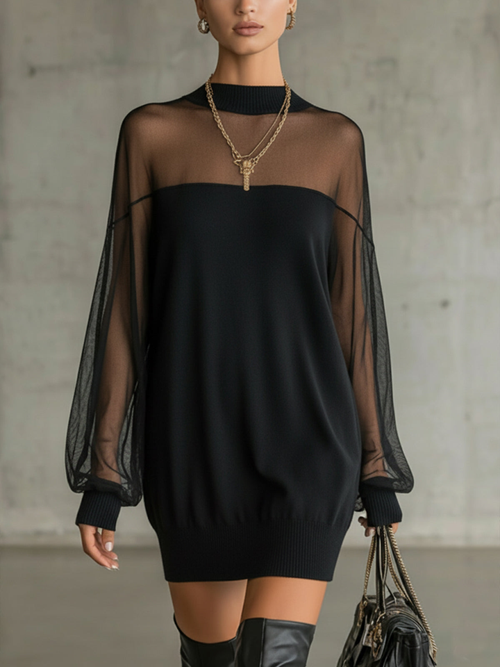 Daisy | Robe Midi Noire avec Manches en Résille et Col Montant