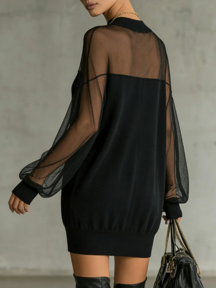 Daisy | Robe Midi Noire avec Manches en Résille et Col Montant