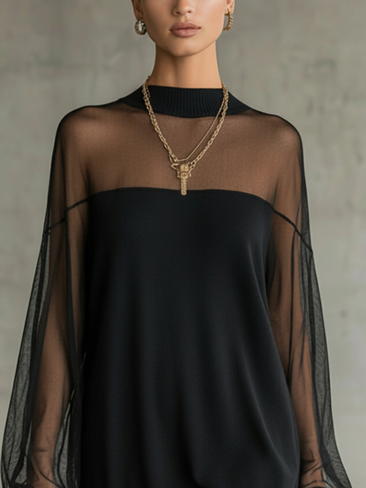 Daisy | Robe Midi Noire avec Manches en Résille et Col Montant