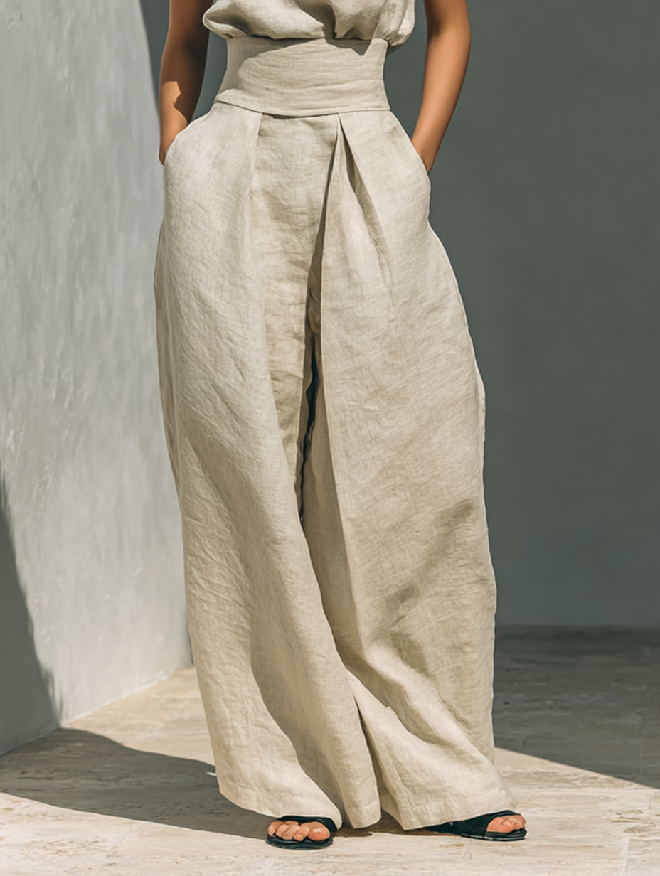 Aurora • Ensemble de deux pièces composé d'un top sans manches beige en mélange coton-lin et d'un pantalon à jambes larges