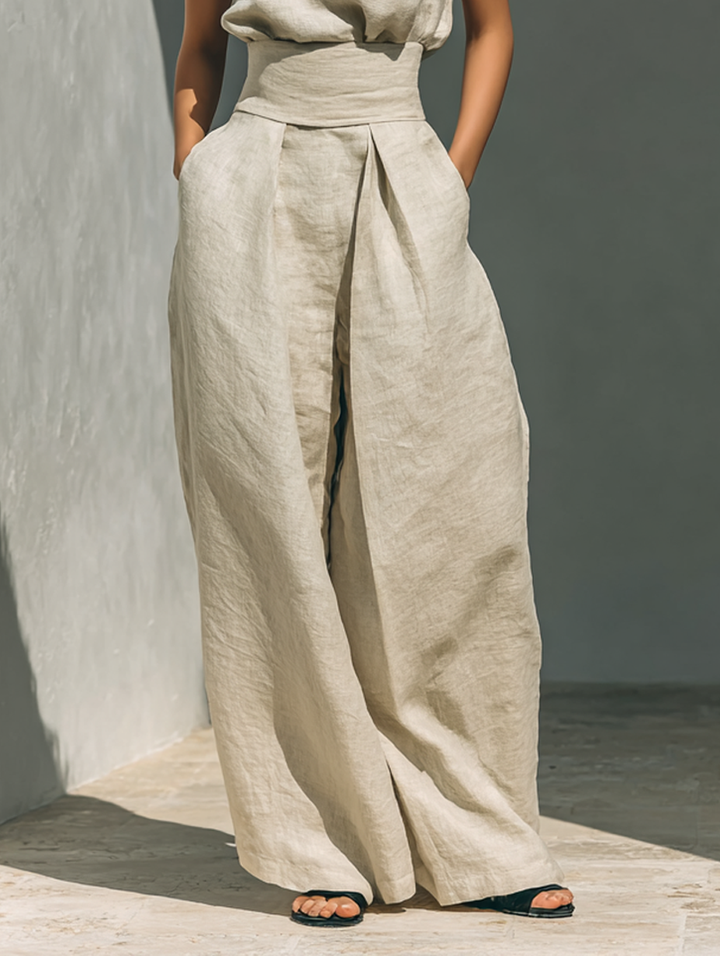 Aurora • Ensemble de deux pièces composé d'un top sans manches beige en mélange coton-lin et d'un pantalon à jambes larges