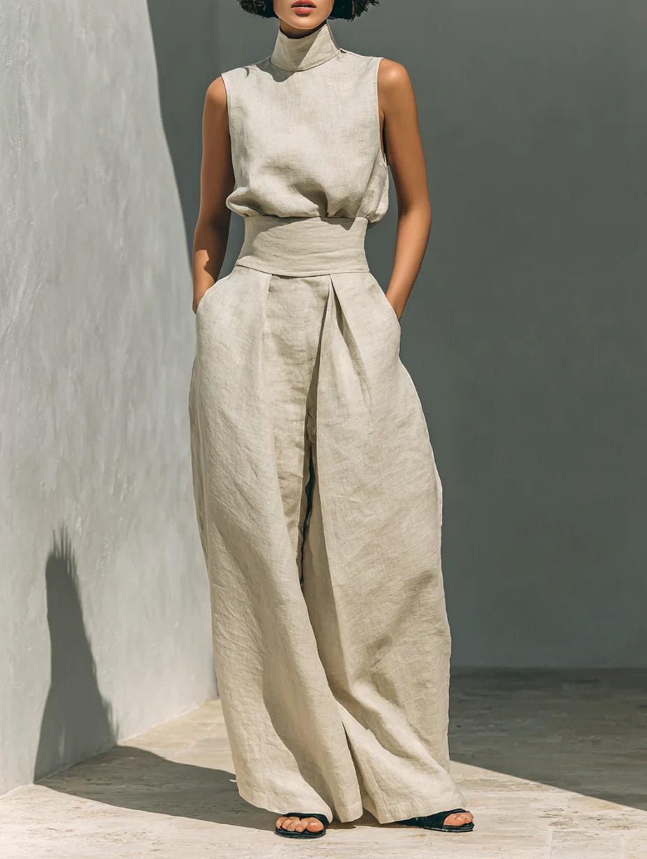 Aurora • Ensemble de deux pièces composé d'un top sans manches beige en mélange coton-lin et d'un pantalon à jambes larges