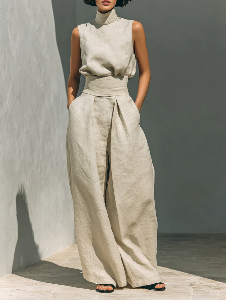 Aurora • Ensemble de deux pièces composé d'un top sans manches beige en mélange coton-lin et d'un pantalon à jambes larges