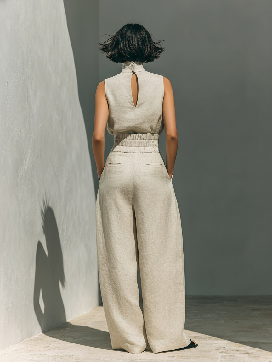 Aurora • Ensemble de deux pièces composé d'un top sans manches beige en mélange coton-lin et d'un pantalon à jambes larges