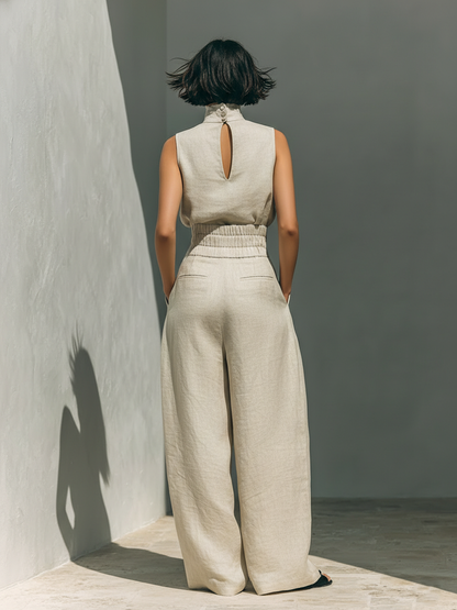 Aurora • Ensemble de deux pièces composé d'un top sans manches beige en mélange coton-lin et d'un pantalon à jambes larges