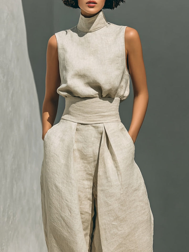 Aurora • Ensemble de deux pièces composé d'un top sans manches beige en mélange coton-lin et d'un pantalon à jambes larges