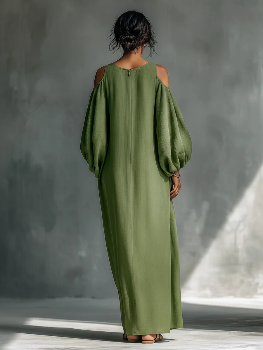 Anika | Robe Maxi à Manches Bouffantes Dégagée Verte