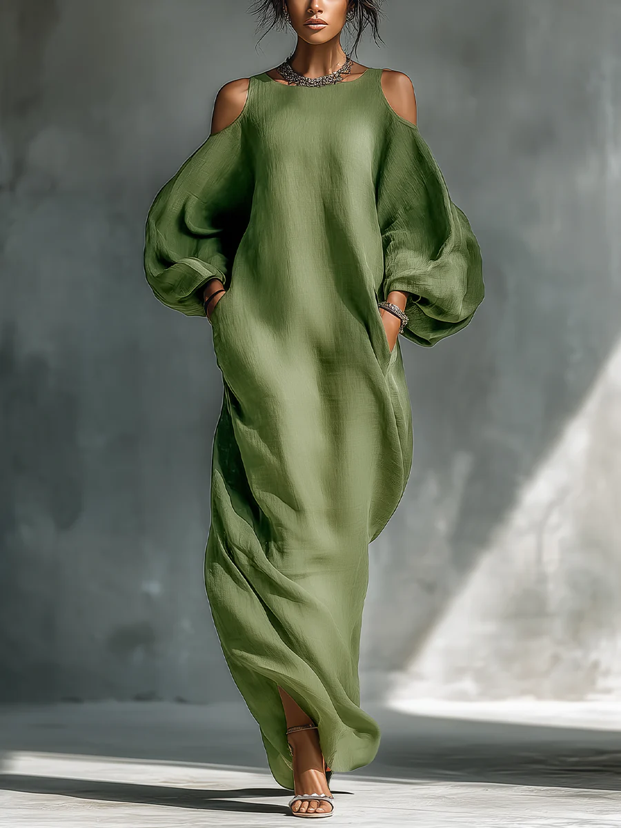 Anika | Robe Maxi à Manches Bouffantes Dégagée Verte