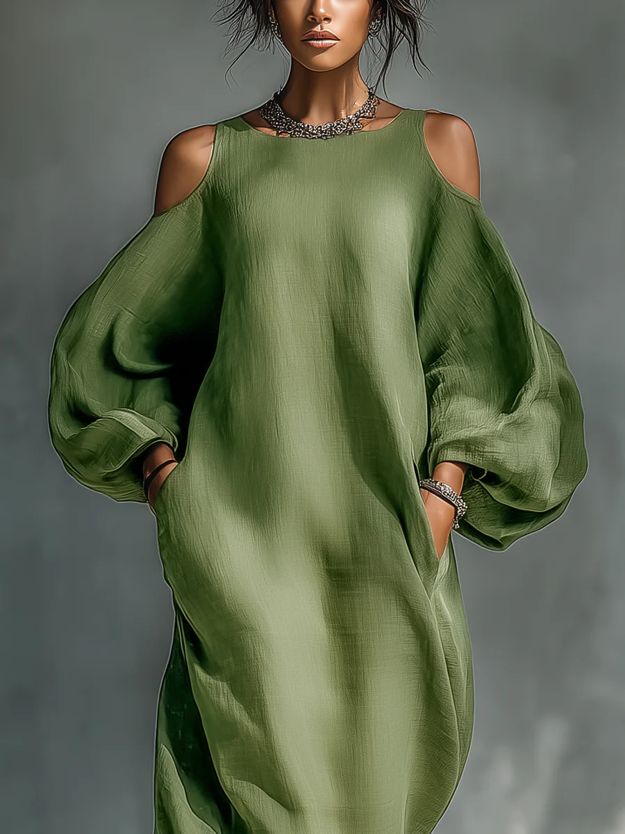 Anika | Robe Maxi à Manches Bouffantes Dégagée Verte