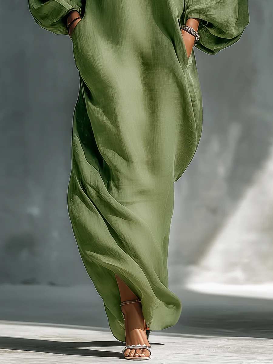 Anika | Robe Maxi à Manches Bouffantes Dénudées Vertes