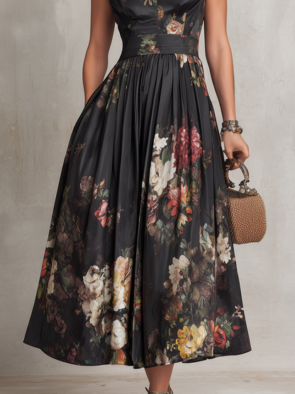 Patricia | Robe Midi Plissée en Satin Noir avec Fleurs