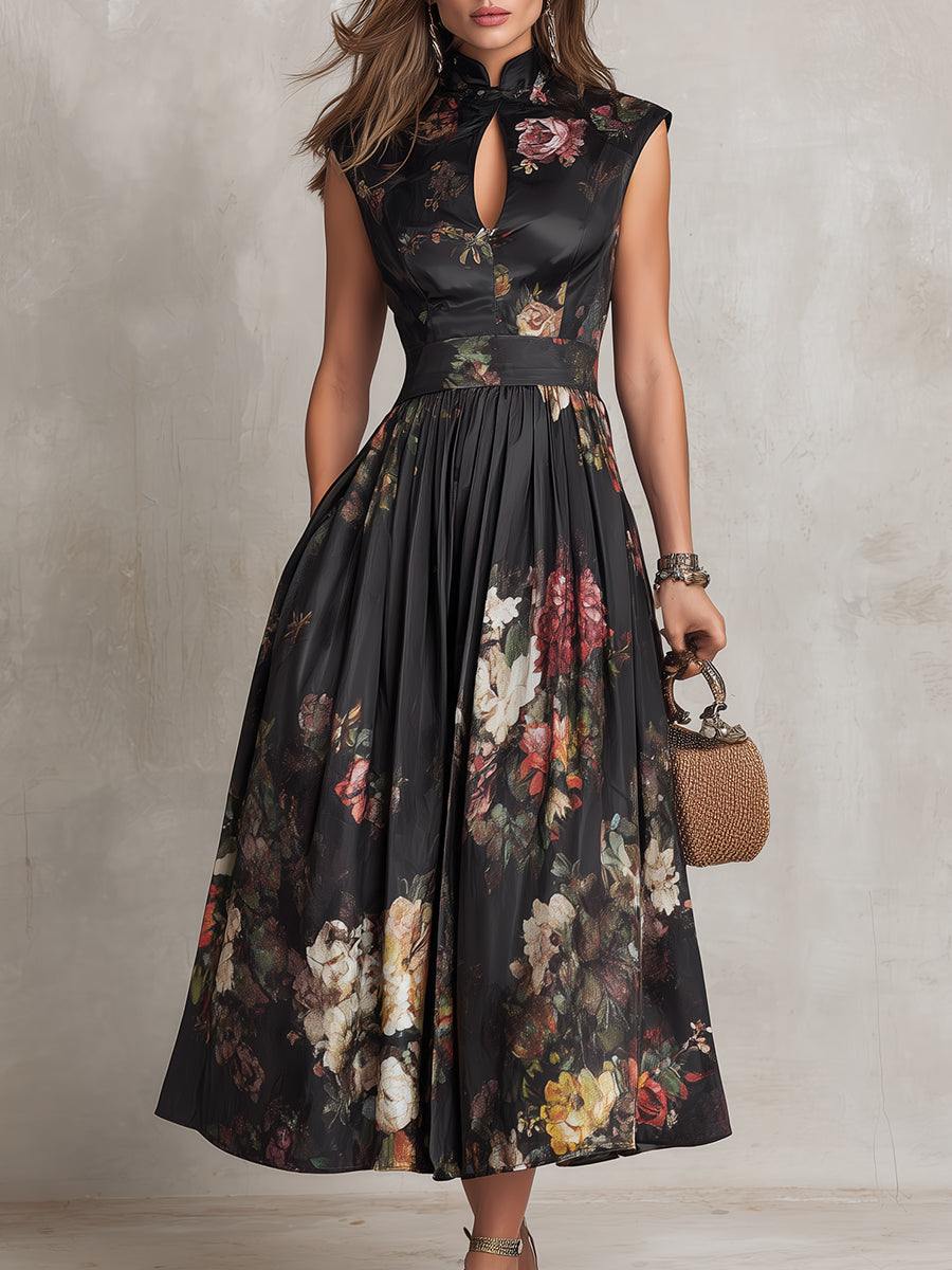Patricia | Robe Midi Plissée en Satin Noir avec Fleurs