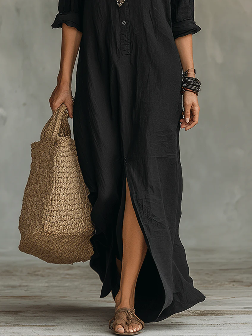Soline™ | Robe maxi noire fluide avec boutons