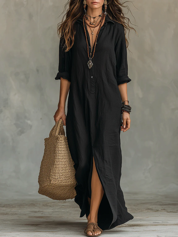 Soline™ | Robe maxi noire fluide avec boutons