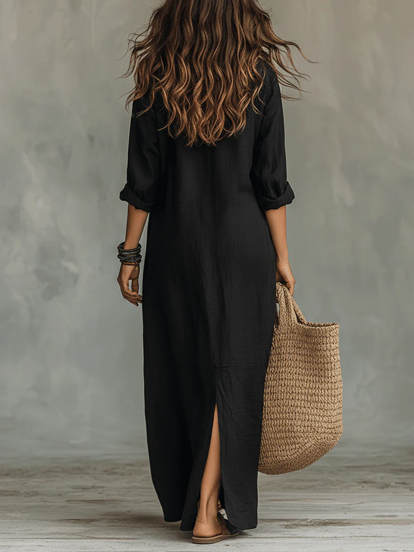 Soline™ | Robe maxi noire fluide avec boutons