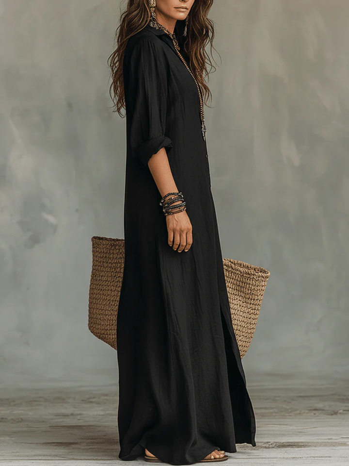 Soline™ | Robe maxi noire fluide avec boutons