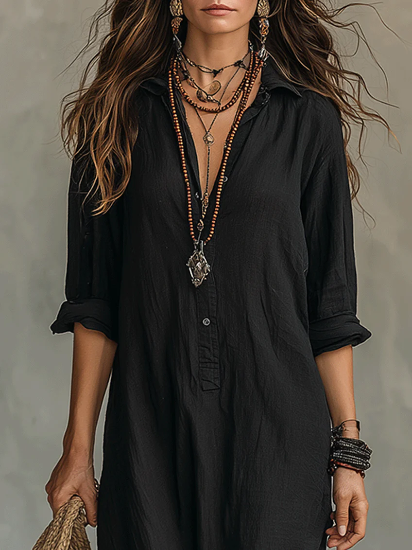 Soline™ | Robe maxi noire fluide avec boutons