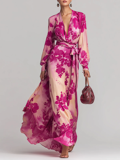 Julia | Robe Maxi en V avec Ceinture et Motif Floral