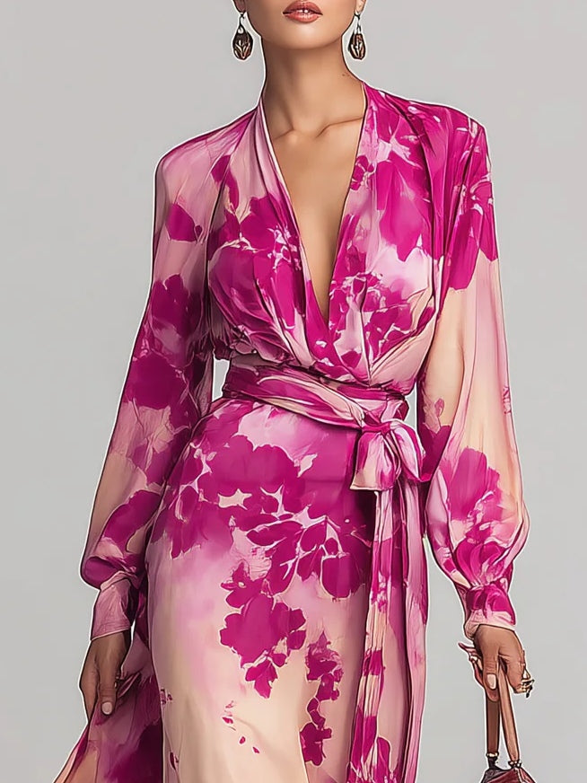 Julia | Robe Maxi en V avec Ceinture et Motif Floral