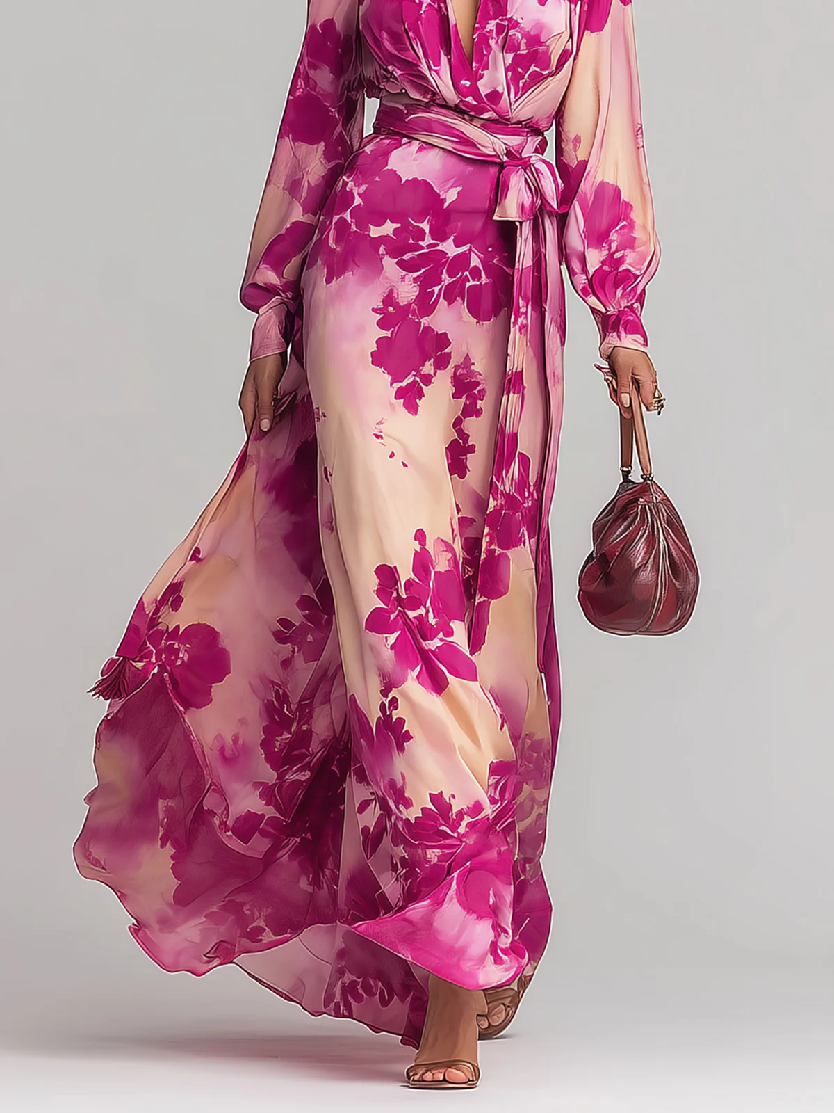 Julia | Robe Maxi en V avec Ceinture et Motif Floral