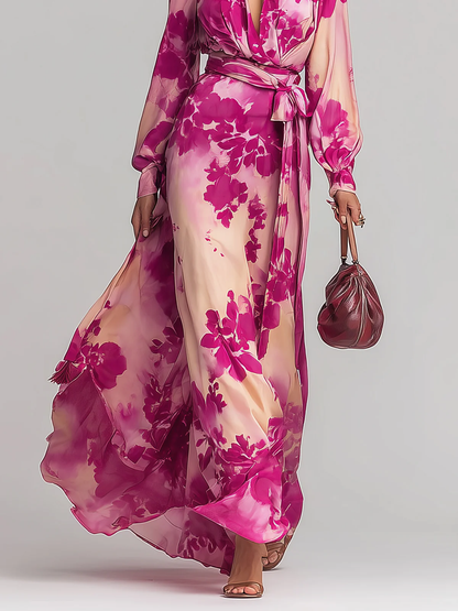 Julia | Robe Maxi en V avec Ceinture et Motif Floral